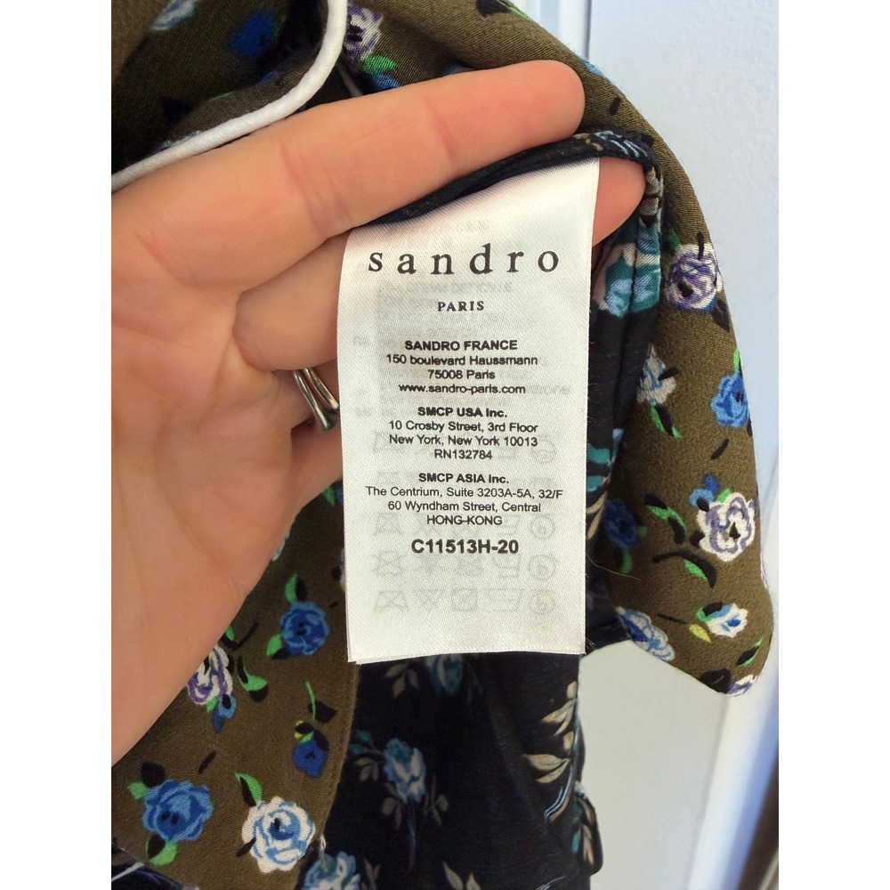 Sandro Paris Crepe & Satin Noisette Floral Blouse In Black Blue l sz 1 Sm - Picture 6 of 8